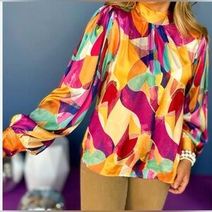 Flying Tomato Mock Neck Silky Feel Balloon Sleeve Mustard Abstract Blouse -S(M)